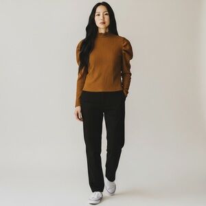 Free People NWT rust Brown mock neck puff sleeve textured top with long sleeves